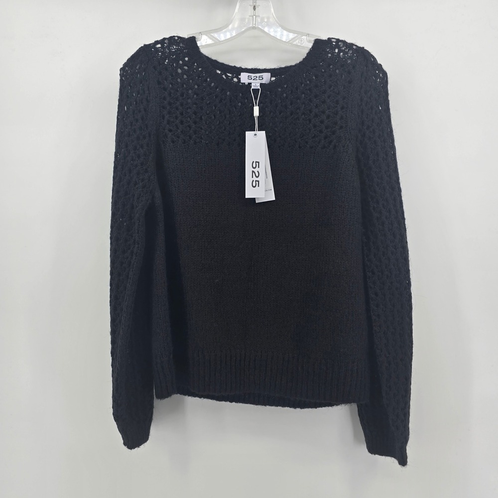 525 America Womens Black Open Knit Crochet Yoke Wool Blend Sweater Large